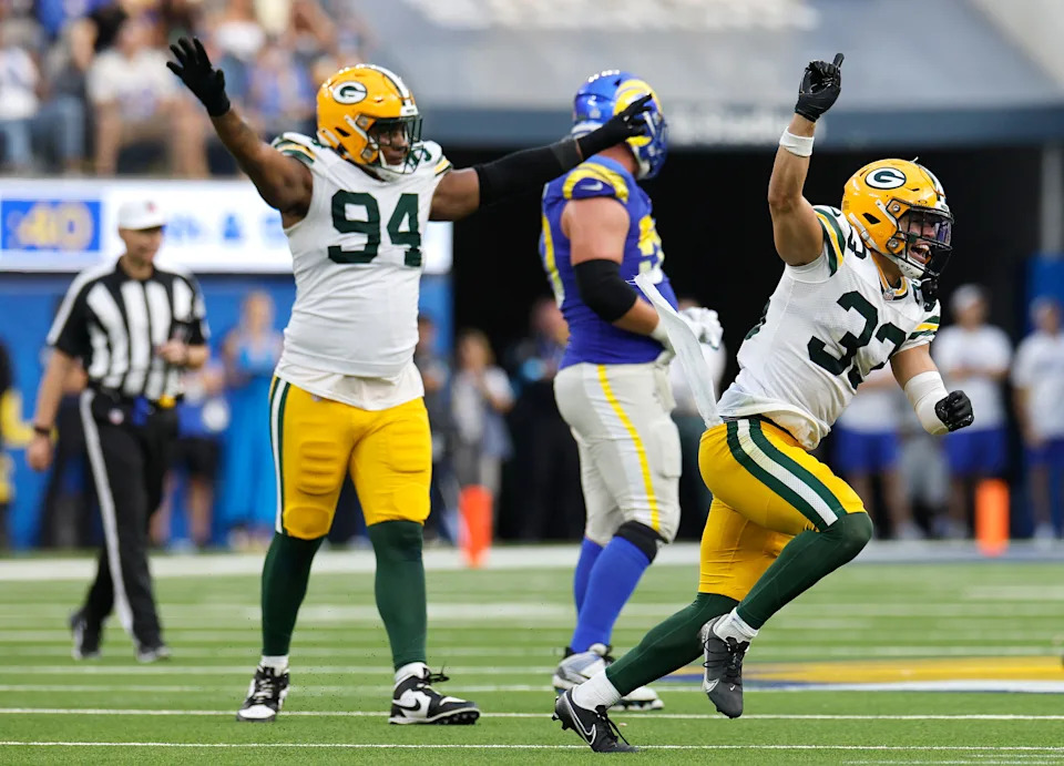 INGLEWOOD, CALIFORNIA - OCTOBER 06: Evan Williams #33 of the Green Bay Packers celebrates a turnover on downs after breaking up a pass by the Los Angeles Rams during the fourth quarter at SoFi Stadium on October 06, 2024 in Inglewood, California. (Photo by Kevork Djansezian/Getty Images)