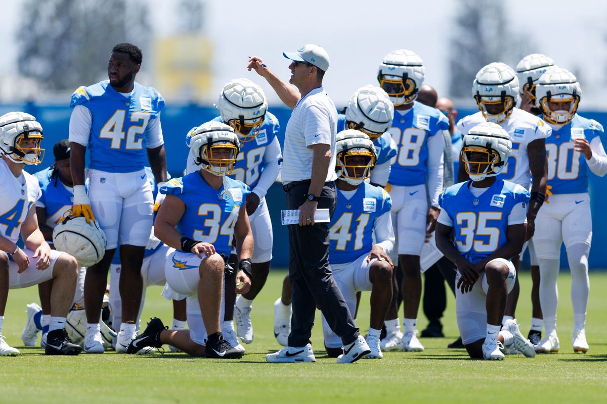 Jim Harbaugh talks with the team during the Los Angeles Chargers Rookie Camp at The Bolt on May 9, 2025 in El Segundo, California.