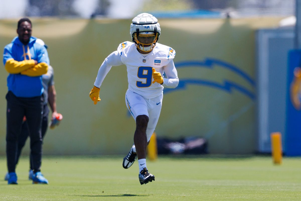 Tre Harris #9 runs a route during the Los Angeles Chargers Rookie Camp at The Bolt on May 9, 2025 in El Segundo, California.