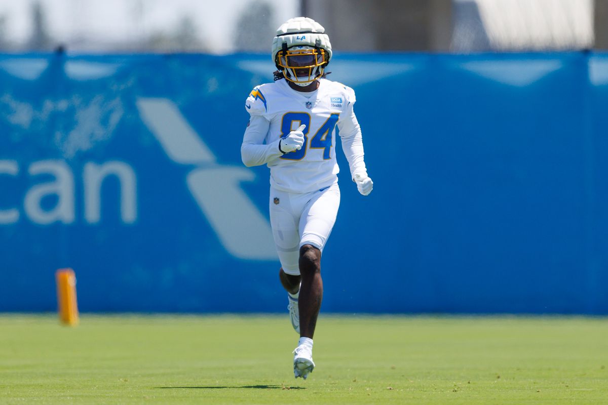 KeAndre Lambert-Smith #84 runs a route during the Los Angeles Chargers Rookie Camp at The Bolt on May 9, 2025 in El Segundo, California. 