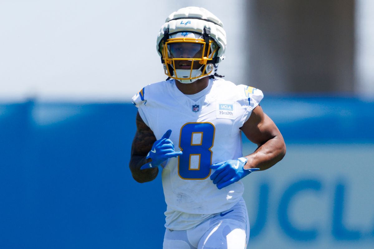 Omarion Hampton #8 runs during the Los Angeles Chargers Rookie Camp at The Bolt on May 9, 2025 in El Segundo, California.