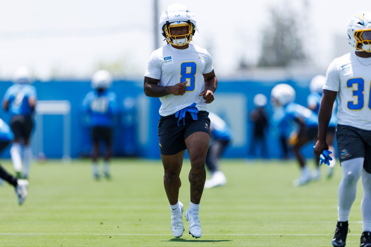 Omarion Hampton #8 of the Los Angeles Chargers runs during an OTA practice session at The Bolt on May 27, 2025 in El Segundo, California. Omarion Hampton #8 of the Los Angeles Chargers runs during an OTA practice session at The Bolt on May 27, 2025 in El Segundo, California.