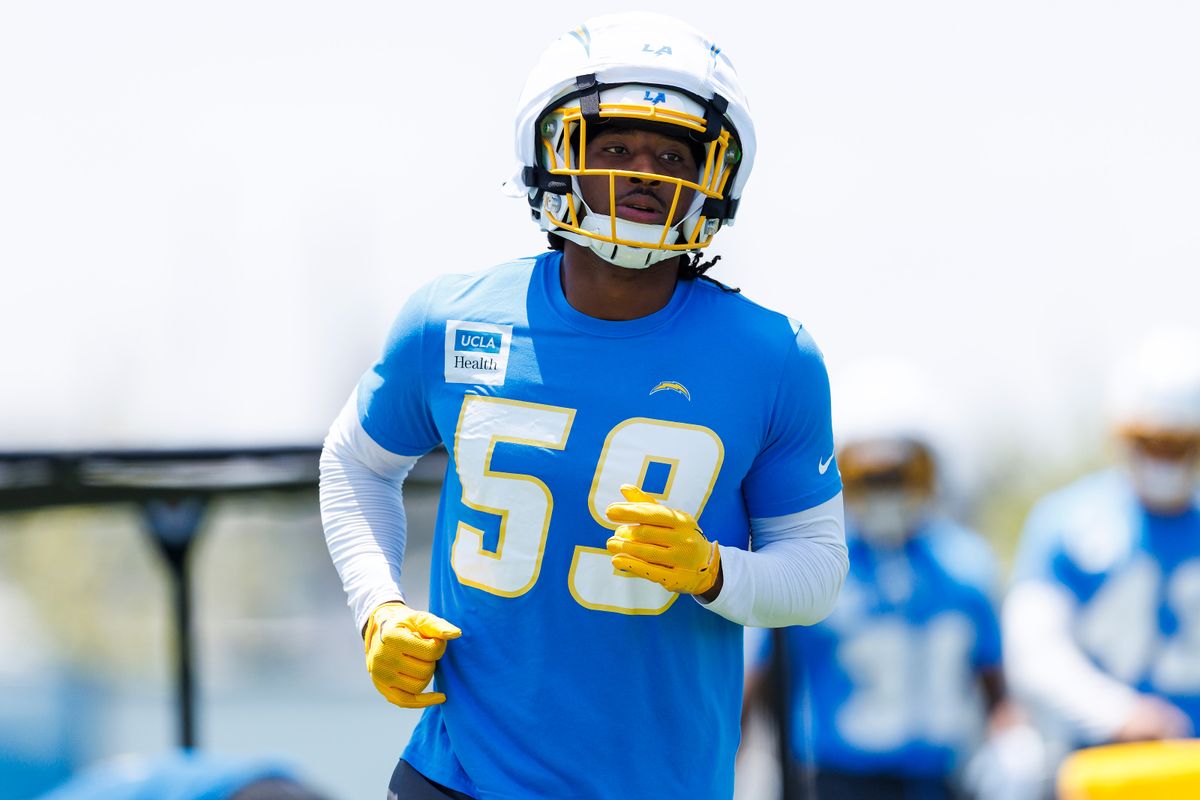 Kylan Guidry #59 of the Los Angeles Chargers runs during an OTA practice session at The Bolt on May 27, 2025 in El Segundo, California. Kylan Guidry #59 of the Los Angeles Chargers runs during an OTA practice session at The Bolt on May 27, 2025 in El Segundo, California.