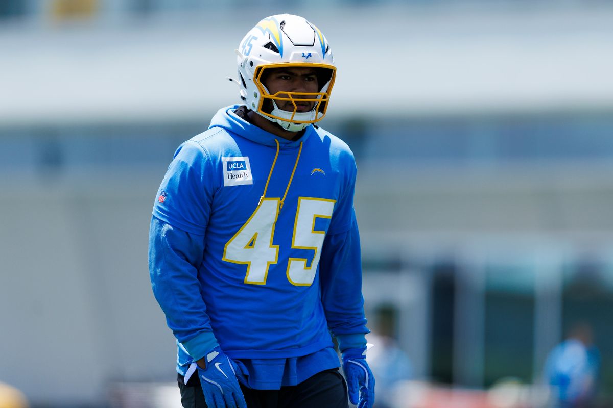 Tuli Tuipulotu #45 of the Los Angeles Chargers on the field during an OTA practice session at The Bolt on May 27, 2025 in El Segundo, California. Tuli Tuipulotu #45 of the Los Angeles Chargers on the field during an OTA practice session at The Bolt on May 27, 2025 in El Segundo, California.