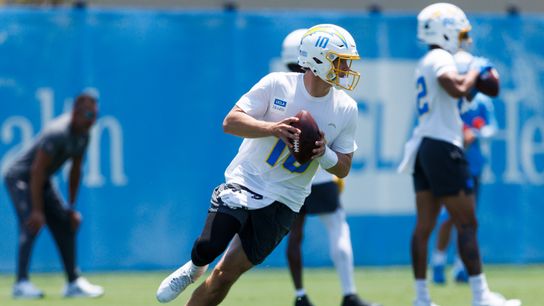 Justin Herbert #10 of the Los Angeles Chargers rolls out to pass during an OTA practice session at The Bolt on May 27, 2025 in El Segundo, California. Justin Herbert #10 of the Los Angeles Chargers rolls out to pass during an OTA practice session at The Bolt on May 27, 2025 in El Segundo, California.
