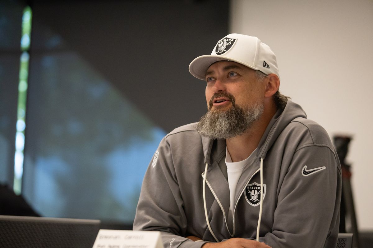 Las Vegas Raiders run game coordinator and offensive line coach Brennan Carroll speaks to the media during the Raiders’ coaching staff press conference, Wednesday May 28, 2025 in Las Vegas, Nev. Las Vegas Raiders run game coordinator and offensive line coach Brennan Carroll speaks to the media during the Raiders’ coaching staff press conference, Wednesday May 28, 2025 in Las Vegas, Nev.