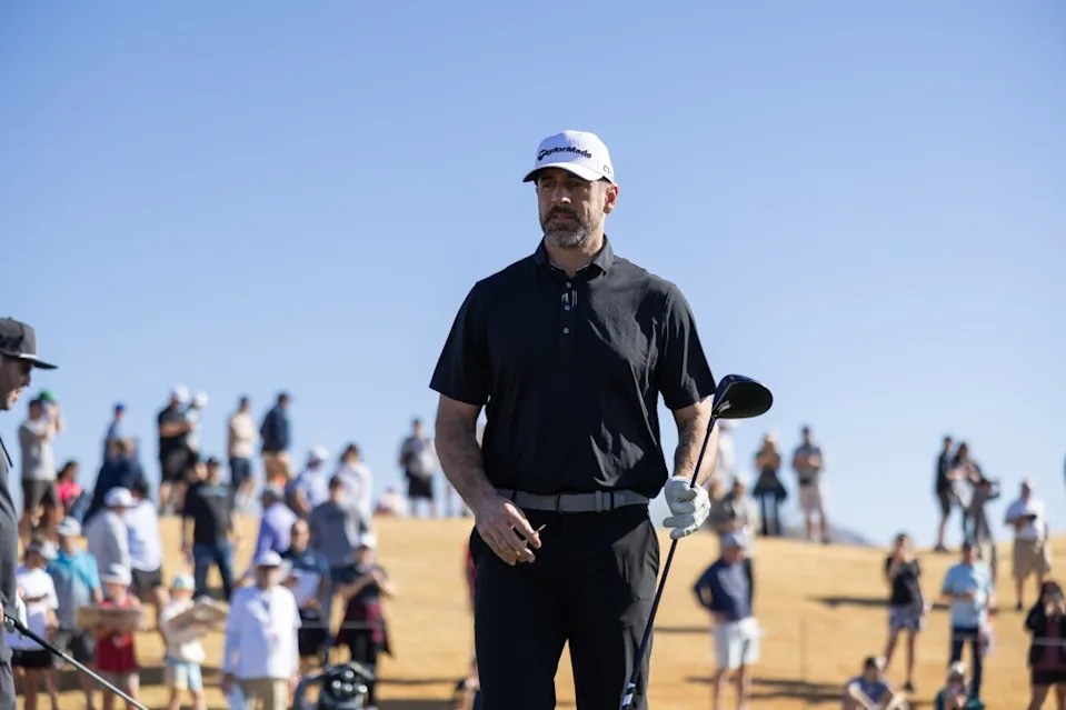 Aaron Rodgers tees off on number 8 prior to the WM Phoenix Open 2025 at TPC Scottsdale on February 5, 2025 in Scottsdale, Arizona. Getty Images