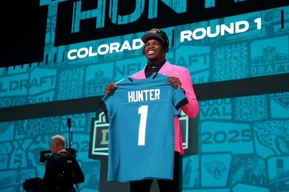 Travis Hunter celebrates after being selected as the second overall pick by the Jacksonville Jaguars during the first round of the 2025 NFL Draft. Getty Images