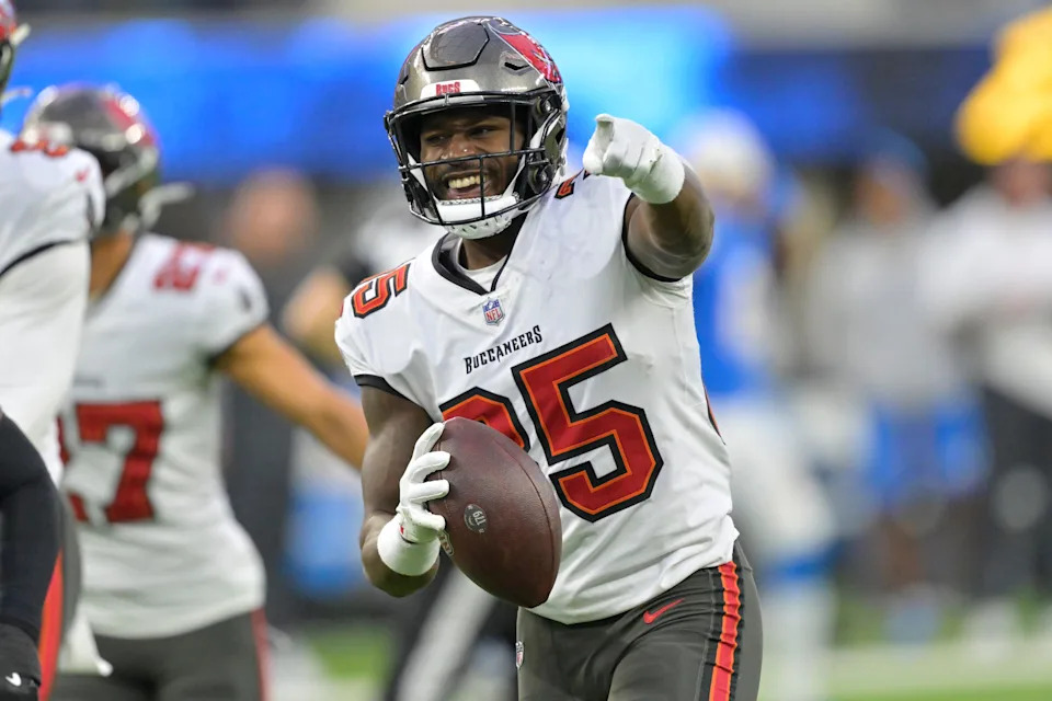 Dec 15, 2024; Inglewood, California, USA; Tampa Bay Buccaneers cornerback Jamel Dean (35) celebrates after a fumble recovery in the second half against the Los Angeles Chargers at SoFi Stadium. Mandatory Credit: Jayne Kamin-Oncea-Imagn Images