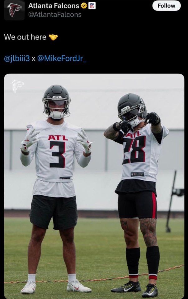 Two Atlanta Falcons players in practice.