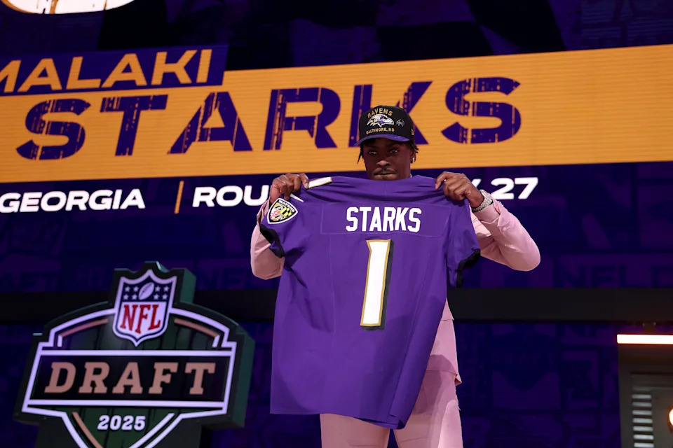 Safety Malaki Starks of Georgia poses after being selected by the Baltimore Ravens