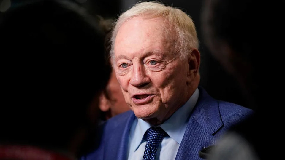Dallas Cowboys owner Jerry Jones speaks to reporters following an NFL football game against the Detroit Lions, Saturday, Dec. 30, 2023, in Arlington, Texas. The Cowboys won 20-19. (AP Photo/Sam Hodde)