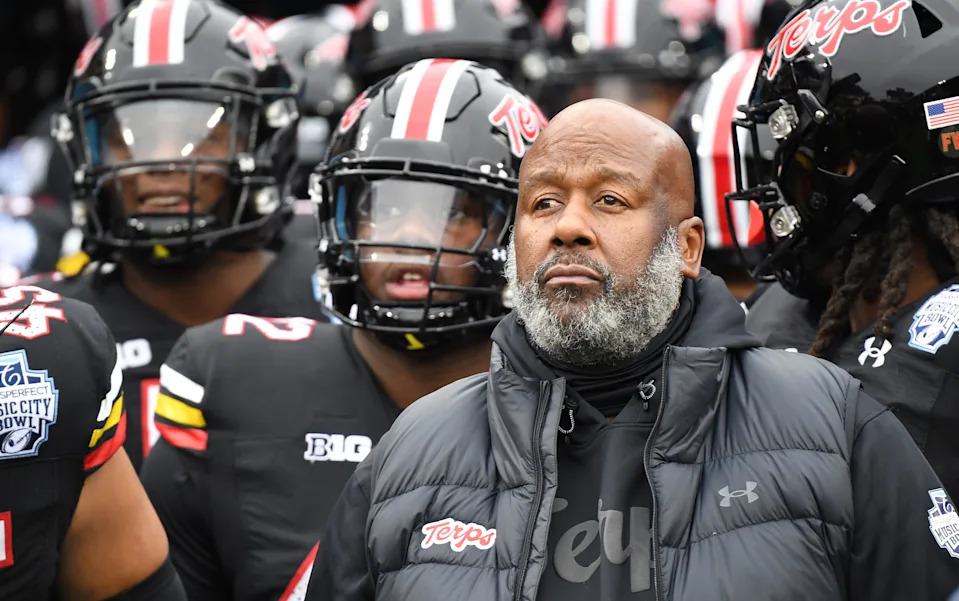 Dec 30, 2023; Nashville, TN, USA; Maryland Terrapins head coach Mike Locksley waits to take the field before the game against the Auburn Tigers at Nissan Stadium. Mandatory Credit: Christopher Hanewinckel-USA TODAY Sports