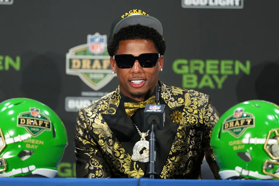 Matthew Golden speaks at a press conference after being selected by the Green Bay Packers with the 23rd pick in the first round of the 2025 NFL Draft.© Kirby Lee-Imagn Images