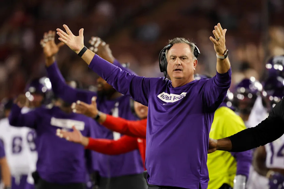 Aug 30, 2024; Stanford, California, USA; TCU Horned Frogs head coach Sonny Dykes reacts after a call during the second half against the Stanford Cardinal at Stanford Stadium. Mandatory Credit: Sergio Estrada-USA TODAY Sports
