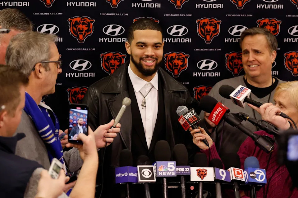 Bears quarterback Caleb Williams speaks to the media after a introductory press conference for new head coach Ben Johnson (not pictured) at PNC Center at Halas Hall on January 22, 2025 in Lake Forest, Illinois. Getty Images