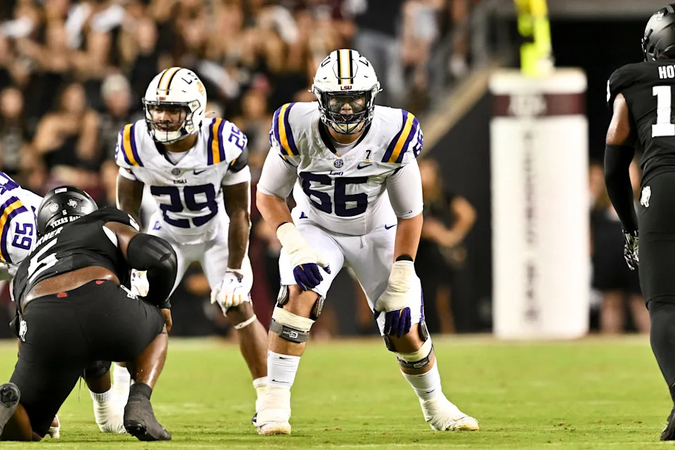 Oct 26, 2024; College Station, Texas, USA; LSU Tigers offensive tackle Will Campbell (66) lines up during the second half against the Texas A&M Aggies. The Aggies defeated the Tigers 38-23; at Kyle Field. Mandatory Credit: Maria Lysaker-Imagn Images.