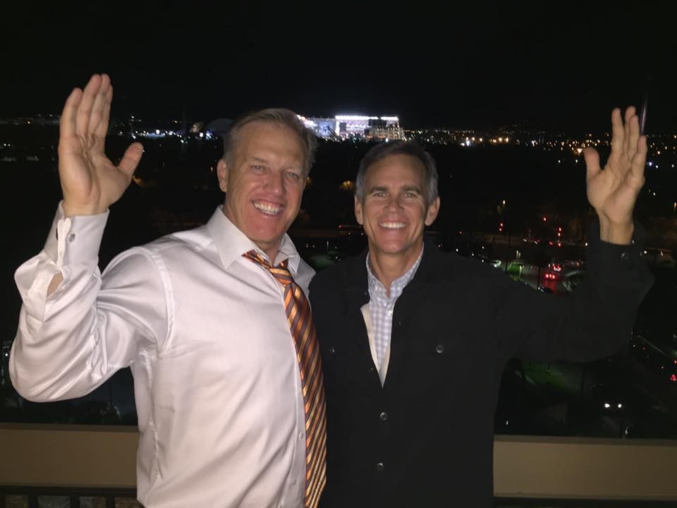 John Elway and Jeffrey Sperbeck at the 2016 Super Bowl