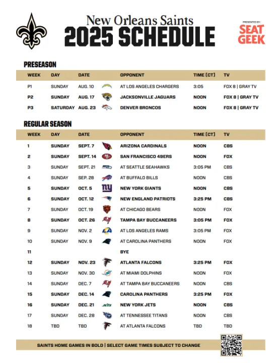 2025 New Orleans Saints Schedule