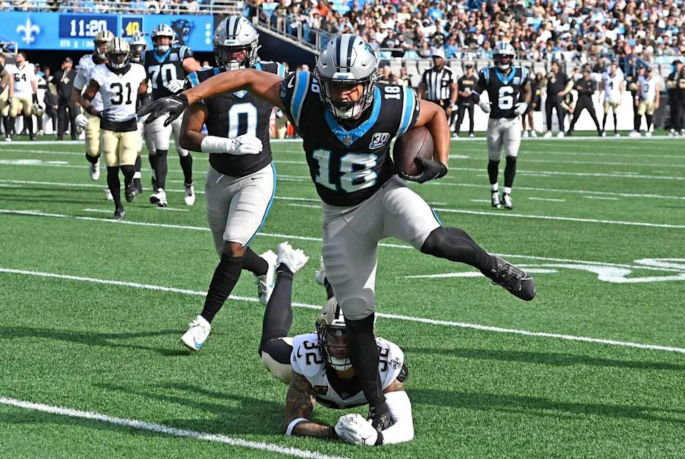 Carolina Panthers wide receiver Jalen Coker escapes the grasp of New Orleans Saints safety Tyrann Mathieu during action on Sunday, November 3, 2024.