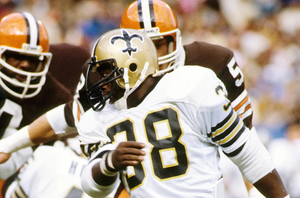 Oct 18, 1981; Cleveland, OH, USA; FILE PHOTO; New Orleans Saints running back George Rogers (38) in action against the Cleveland Browns at Cleveland Stadium. Mandatory Credit: Malcolm Emmons-USA TODAY Sports