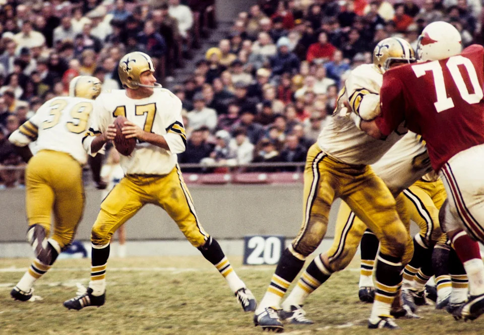 Nov 2, 1969; New Orleans, LA, USA; FILE PHOTO; New Orleans Saints quarterback Billy Kilmer (17) looks to throw against the St. Louis Cardinals at Tulane Stadium. Mandatory Credit Herb Weitman-USA TODAY Sports