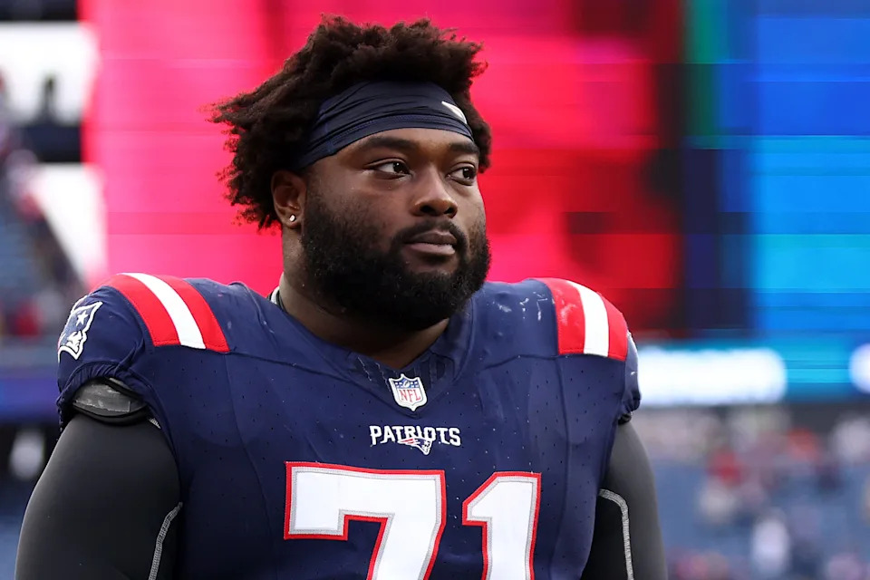 FOXBOROUGH, MASSACHUSETTS - OCTOBER 22: New England Patriots Mike Onwenu #71 walks off of the field after the Patriots defeat the Buffalo Bills at Gillette Stadium on October 22, 2023 in Foxborough, Massachusetts. (Photo by Maddie Meyer/Getty Images)
