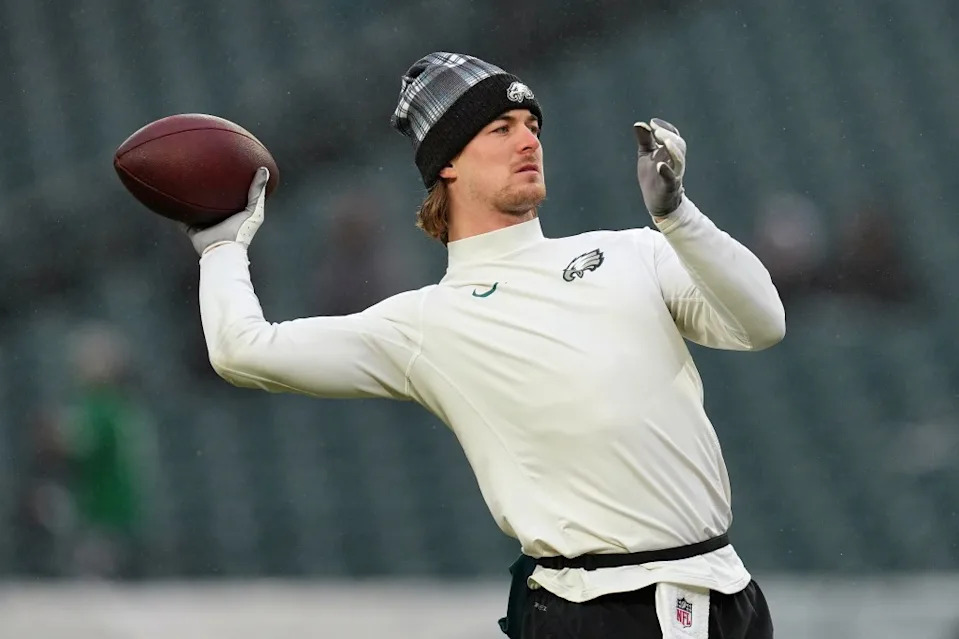 Kenny Pickett #7 of the Philadelphia Eagles warms up before the game against the Los Angeles Rams during the NFC Divisional Playoff at Lincoln Financial Field on January 19, 2025 in Philadelphia, Pennsylvania. Getty Images