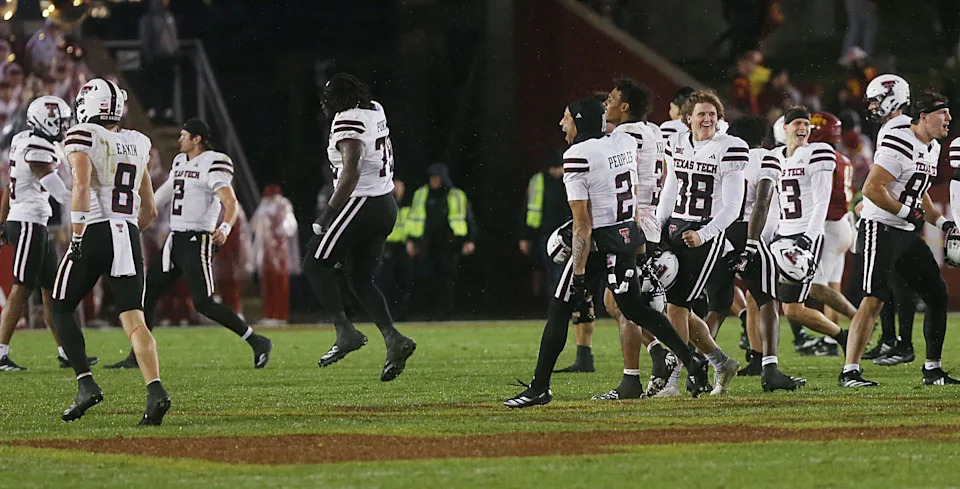 Texas Tech Red Raiders football team celebrates after winning 23-22 over Iowa State Cyclone in the week-10 NCAA football at Jack Trice Stadium on Saturday, Nov. 2, 2024, in Ames, Iowa.