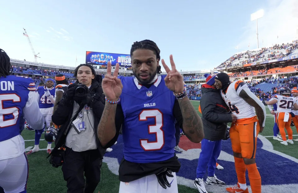 Buffalo Bills safety Damar Hamlin (3) mugs at the camera after the Buffalo Bills wild card game against the Denver Broncos at Highmark Stadium in Orchard Park on Jan. 12, 2025.