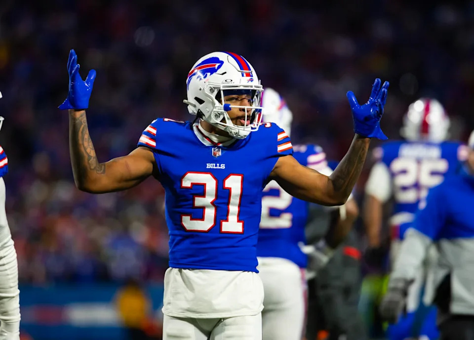 Buffalo Bills cornerback Rasul Douglas (31) reacts against the Kansas City Chiefs in the 2024 AFC divisional round game at Highmark Stadium.Mark J. Rebilas-Imagn Images