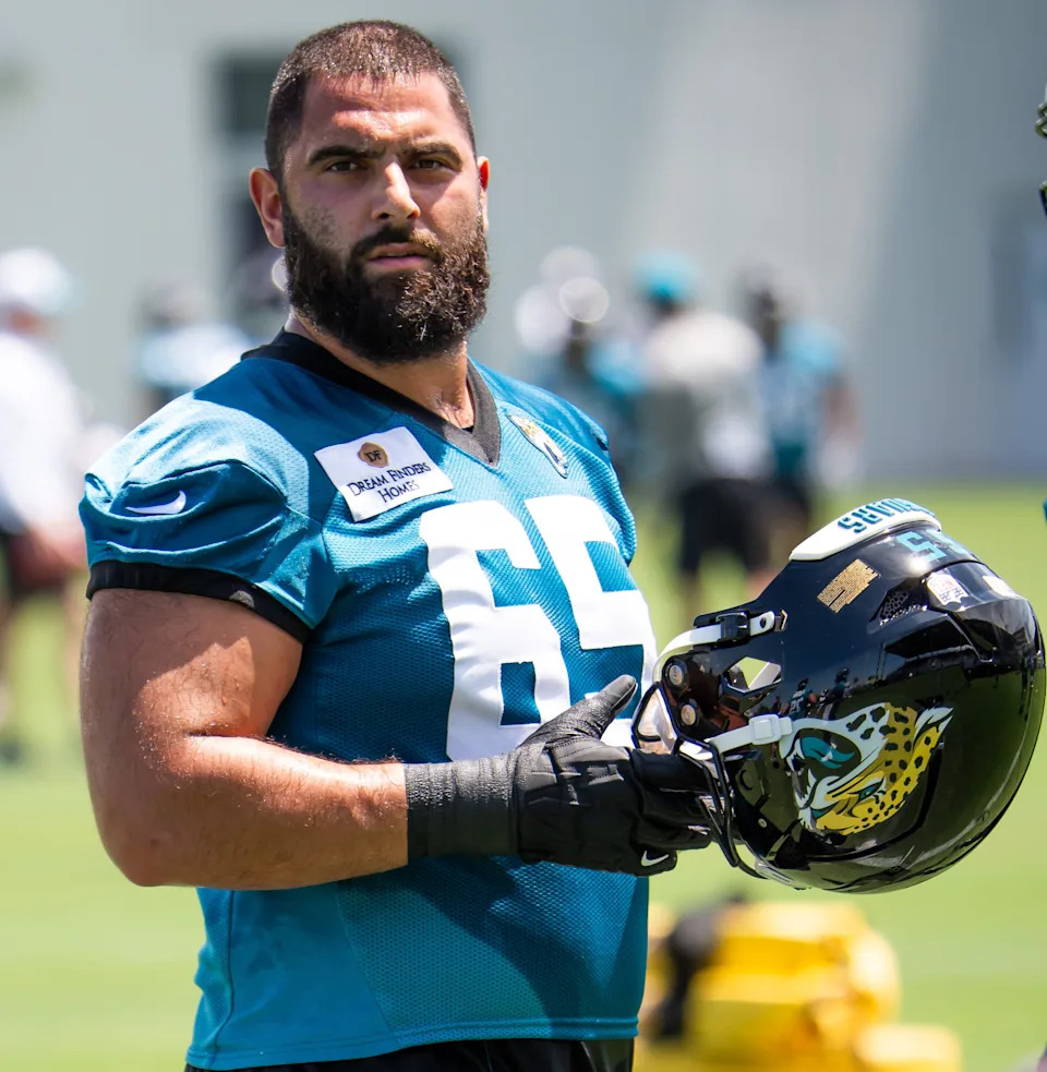 Jacksonville Jaguars guard Patrick Mekari (65) takes a breather during the fourth organized team activity at the Miller Electric Center on May 27. Doug Engle/Florida Times-Union