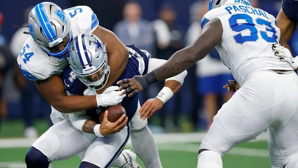 Dallas Cowboys quarterback Dak Prescott is sacked by Detroit Lions defensive lineman Alim McNeill on Sunday, Oct. 13, 2024, at AT&T Stadium in Arlington. By Amanda McCoy