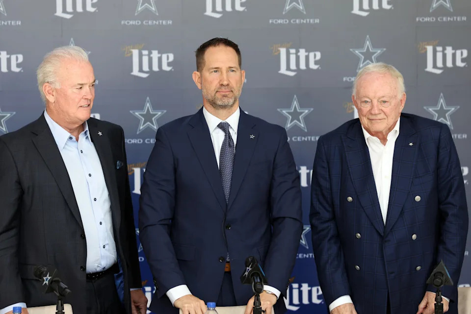 Dallas Cowboys CEO Stephen Jones, head coach Brian Schottenheimer, and owner Jerry JonesTim Heitman-Imagn Images