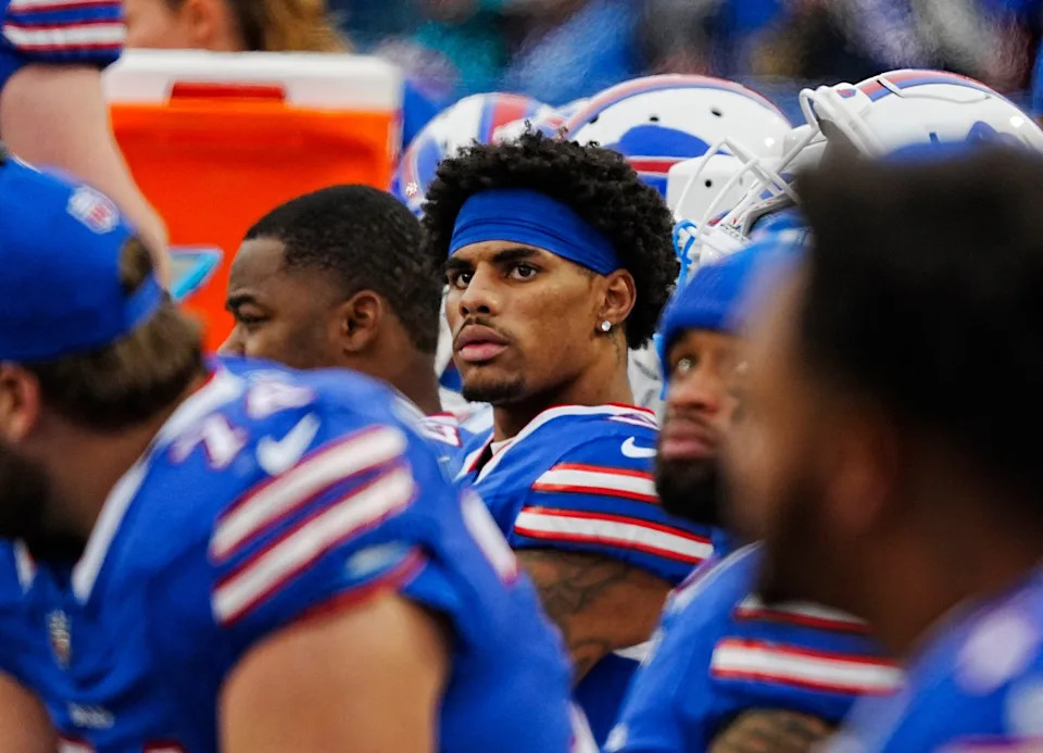 Buffalo Bills wide receiver Keon Coleman (0) watches the play on the Jumbotron during second half action at the Bills home game against the New York Jets at Highmark Stadium in Orchard Park on Dec. 29, 2024.