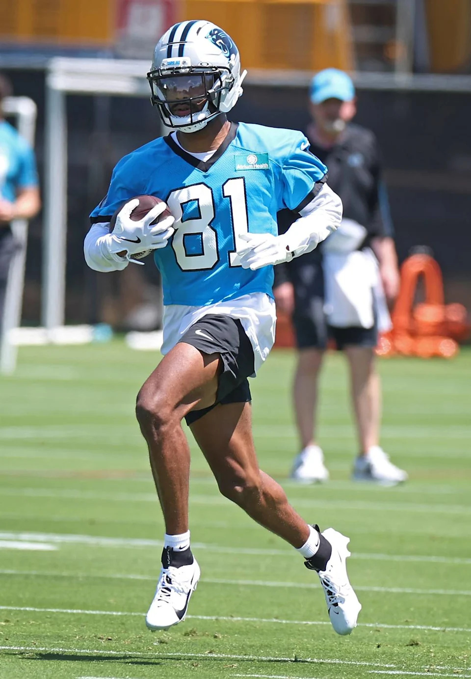 Carolina Panthers rookie wide receiver Moose Muhammad III runs down the field following a catch during the team’s rookie minicamp practice on Friday, May 9, 2025.