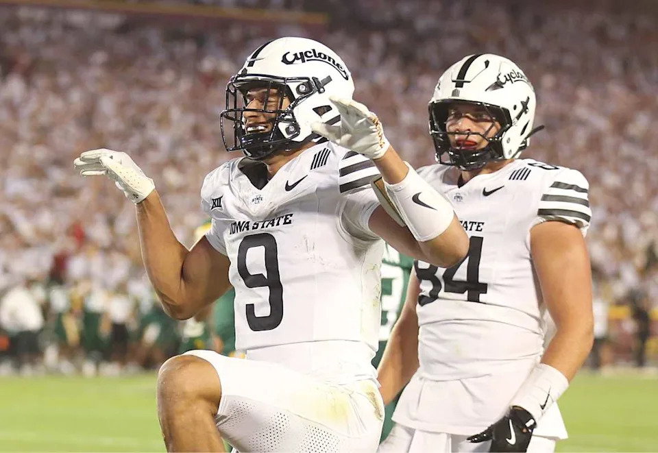 Iowa State Cyclones wide receiver Jayden Higgins (9) celebrates after a touchdown against Baylor during the third quarter in the NCAA football at Jack Trice Stadium on Saturday, Oct. 5, 2024, in Ames, Iowa.© Nirmalendu Majumdar/Ames Tribune / USA TODAY NETWORK via Imagn Images