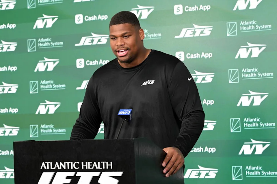 Jets defensive lineman Quinnen Williams talks to the media on May 21, 2025. Bill Kostroun / New York Post