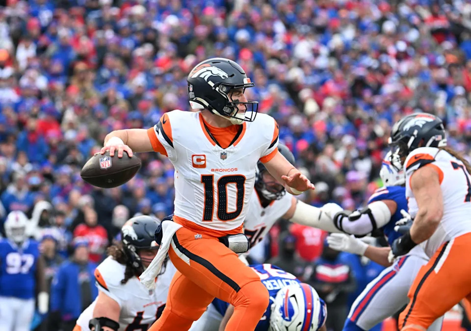 Denver Broncos quarterback Bo Nix (10) throws downfield during the second quarter against the Buffalo Bills.Mark Konezny-Imagn Images