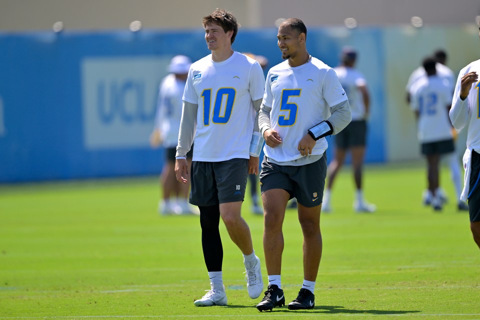 Justin Herbert and Trey Lance at Los Angeles Chargers practice.