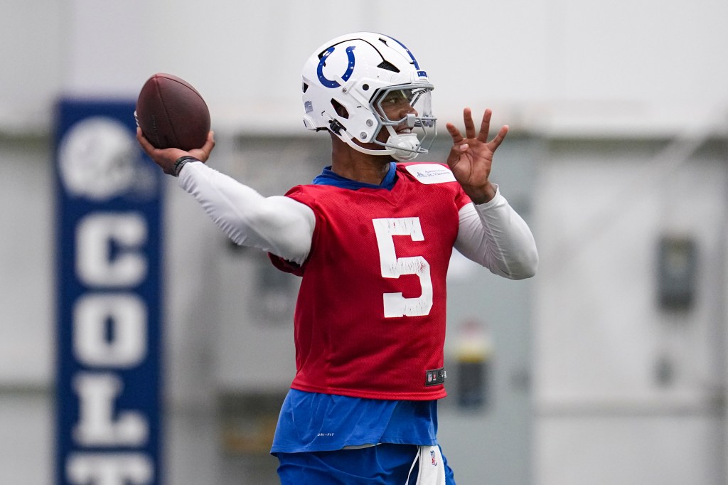 Indianapolis Colts quarterback Anthony Richardson Sr. throwing a football during practice at team's training facility.