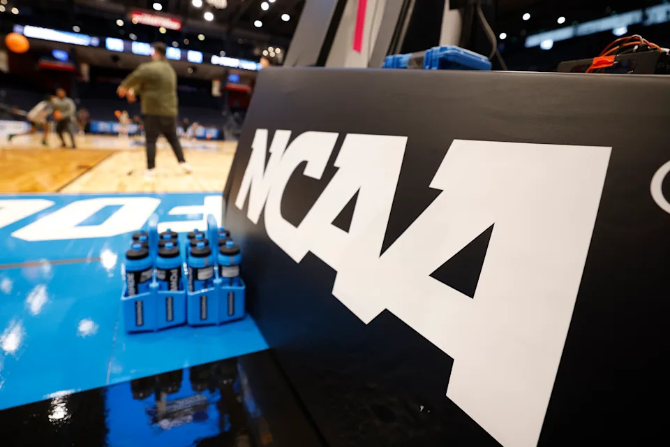 Mar 18, 2024; Dayton, OH, USA; General view of the NCAA logo during NCAA Tournament First Four Practice at UD Arena. Mandatory Credit: Rick Osentoski-USA TODAY Sports