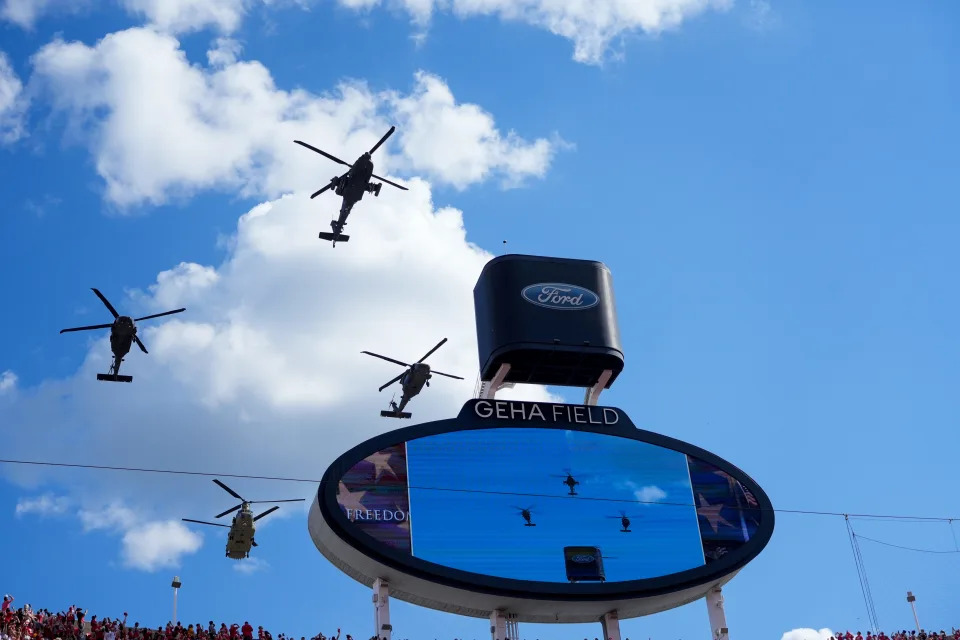 Helicopters fly over during the National Anthem before the first quarter of the NFL Week 2 game between the Kansas City Chiefs and the Cincinnati Bengals at Arrowhead Stadium in Kansas City on Sunday, Sept. 15, 2024. The Cincinnati Bearcats will host Nebraska on the field Aug. 28 to start their 2025 season.