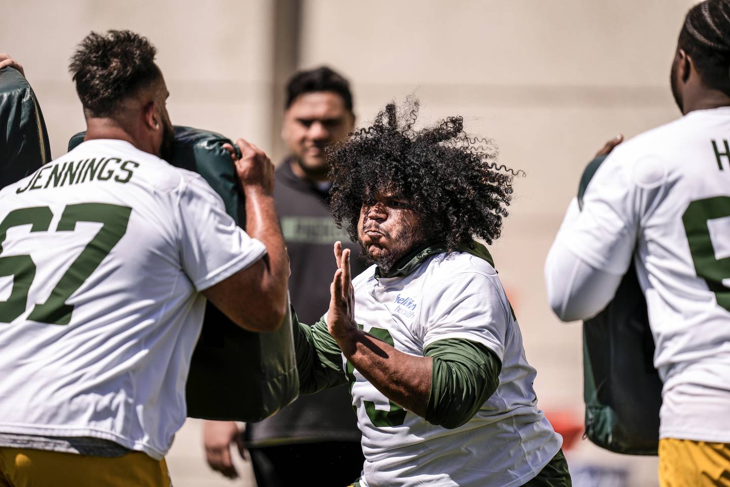 John Williams participates in a drill during Green Bay Packers rookie minicamp in 2025.