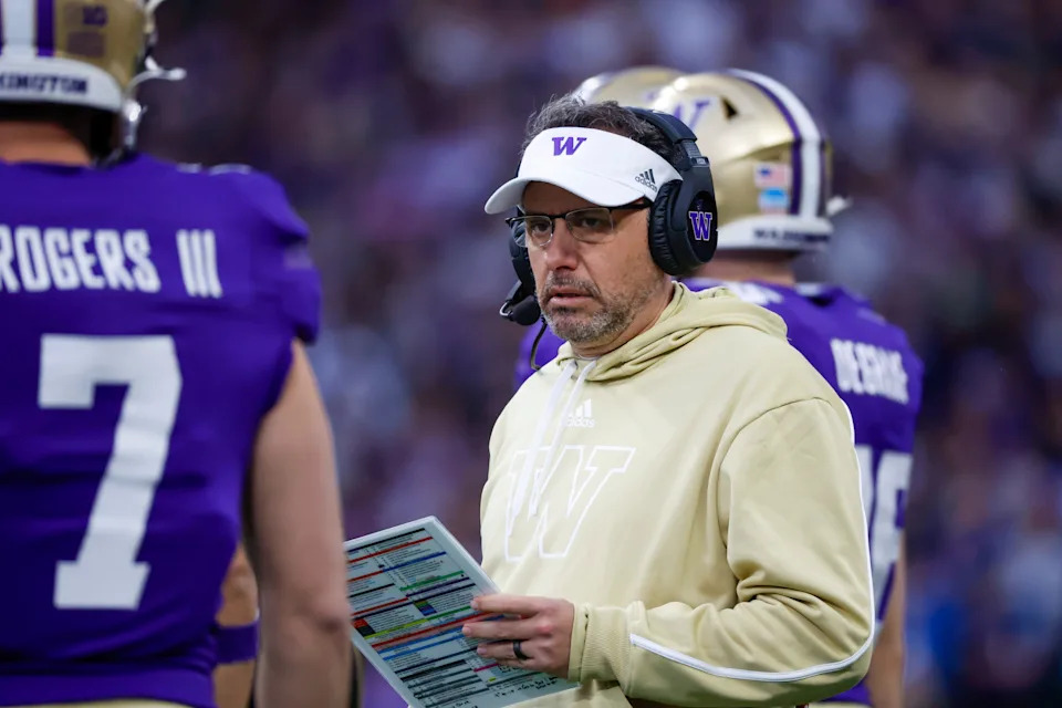 Nov 2, 2024; Seattle, Washington, USA; Washington Huskies head coach Jedd Fisch stands on the sideline during the first quarter against the USC Trojans at Alaska Airlines Field at Husky Stadium. Mandatory Credit: Joe Nicholson-Imagn Images