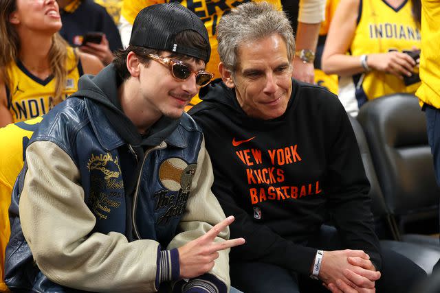 Gregory Shamus/Getty Timothée Chalamet and Ben Stiller are seen prior to Game Four between the New York Knicks and the Indiana Pacers