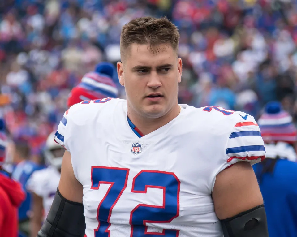 Oct 31, 2021; Orchard Park, New York, USA; Buffalo Bills offensive tackle Tommy Doyle (72) on the sidelines before a game against the Miami Dolphins at Highmark Stadium. Mandatory Credit: Mark Konezny-USA TODAY Sports