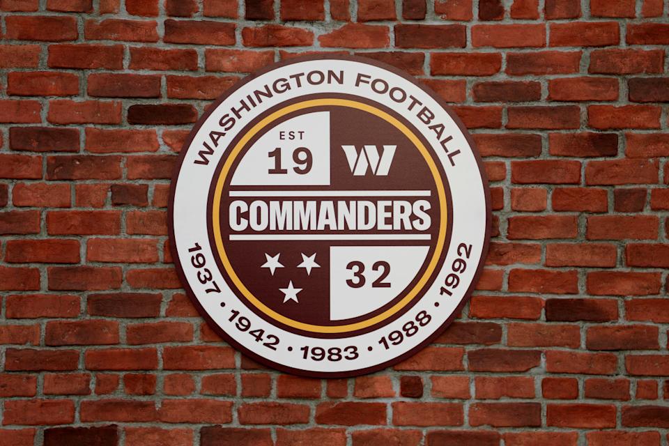 LANDOVER, MARYLAND - FEBRUARY 02: A detailed view of a Washington Commanders logo during the announcement of the Washington Football Team's name change to the Washington Commanders at FedExField on February 02, 2022 in Landover, Maryland. (Photo by Rob Carr/Getty Images)Rob Carr/Getty Images