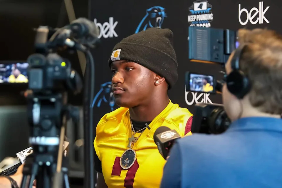 West Charlotte’s KD Cotton answers questions from the media during Wednesday’s Carolina Panthers Keep Pounding Classic media day at Bank of America Stadium on May 7 2025 Kelly Hood/Special to The Observer