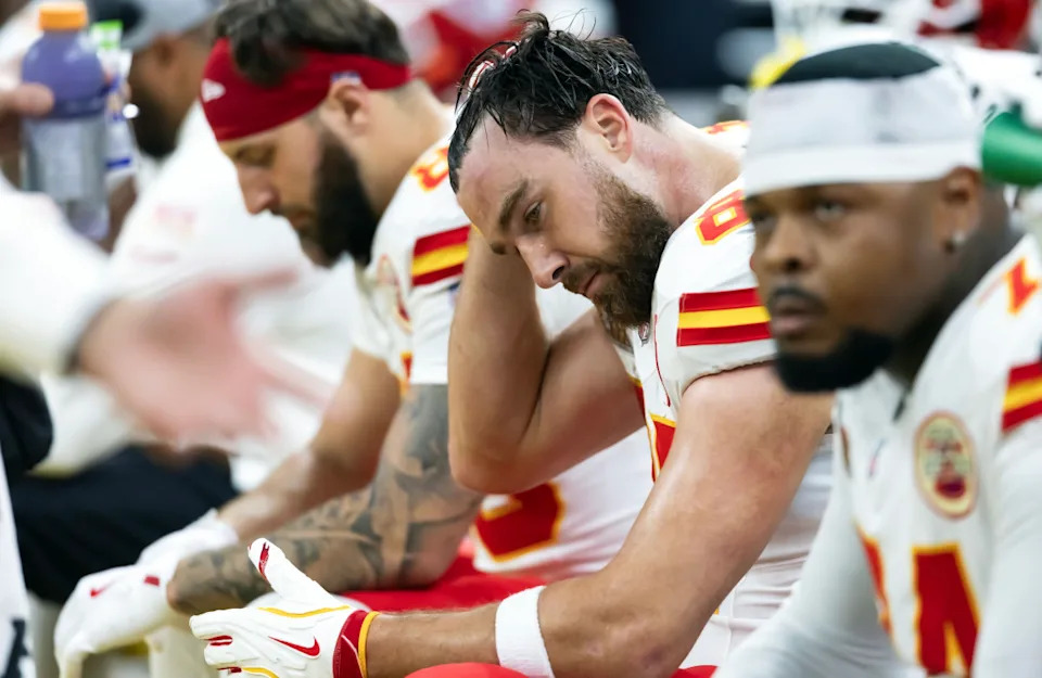 Kansas City Chiefs tight end Travis Kelce (87) reacts on the bench in the fourth quarter against the Philadelphia Eagles in Super Bowl LIX at Ceasars Superdome.Mark J&period; Rebilas-Imagn Images